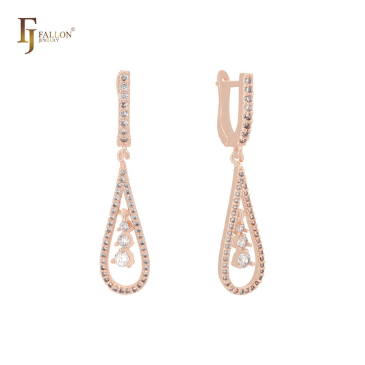 Teardrop of white CZs 14K Gold, Rose Gold Clip-On Earrings