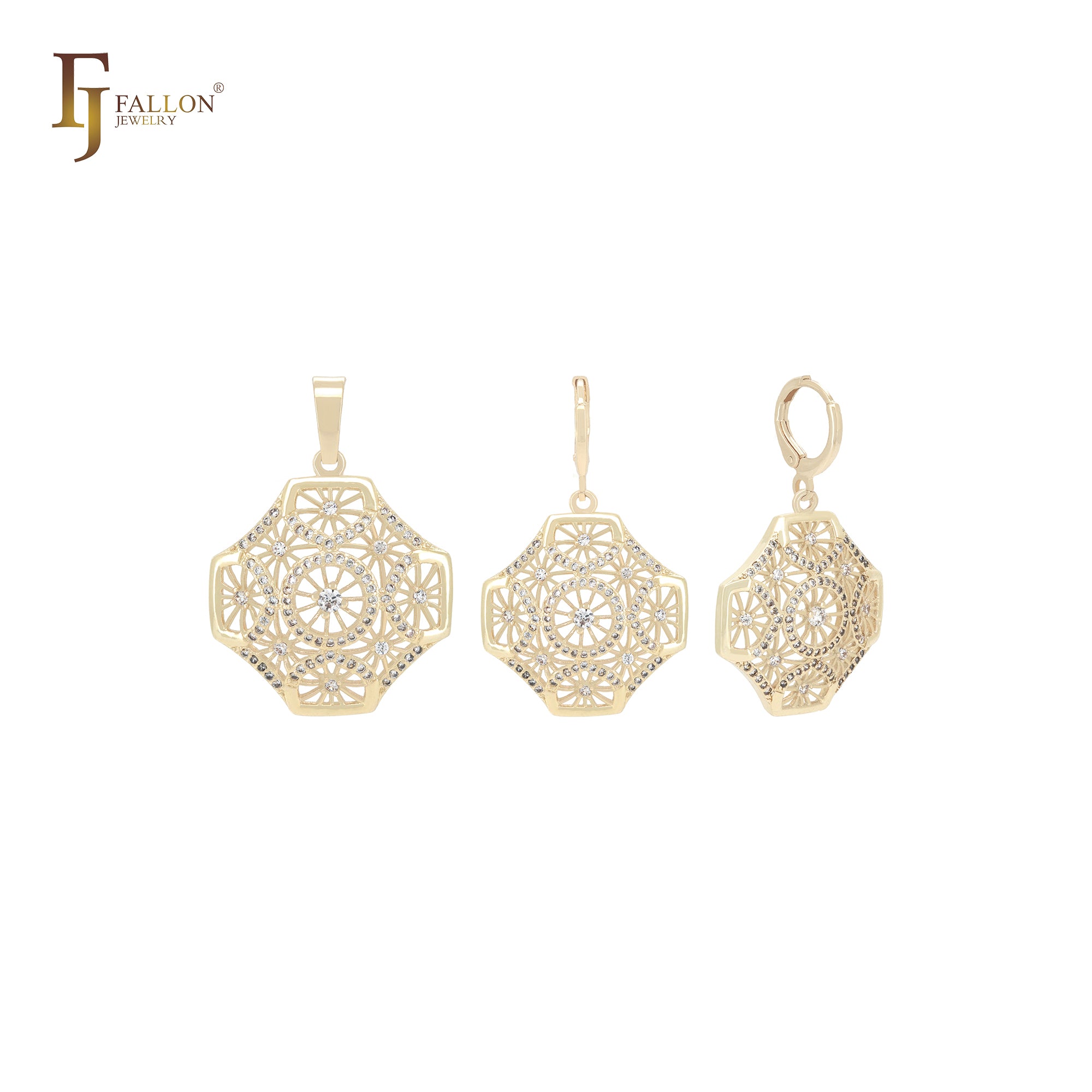 Achteckiges, schneeflockenförmiges, weißes Zirkonia-Schmuckset aus 14 Karat Gold mit Anhänger