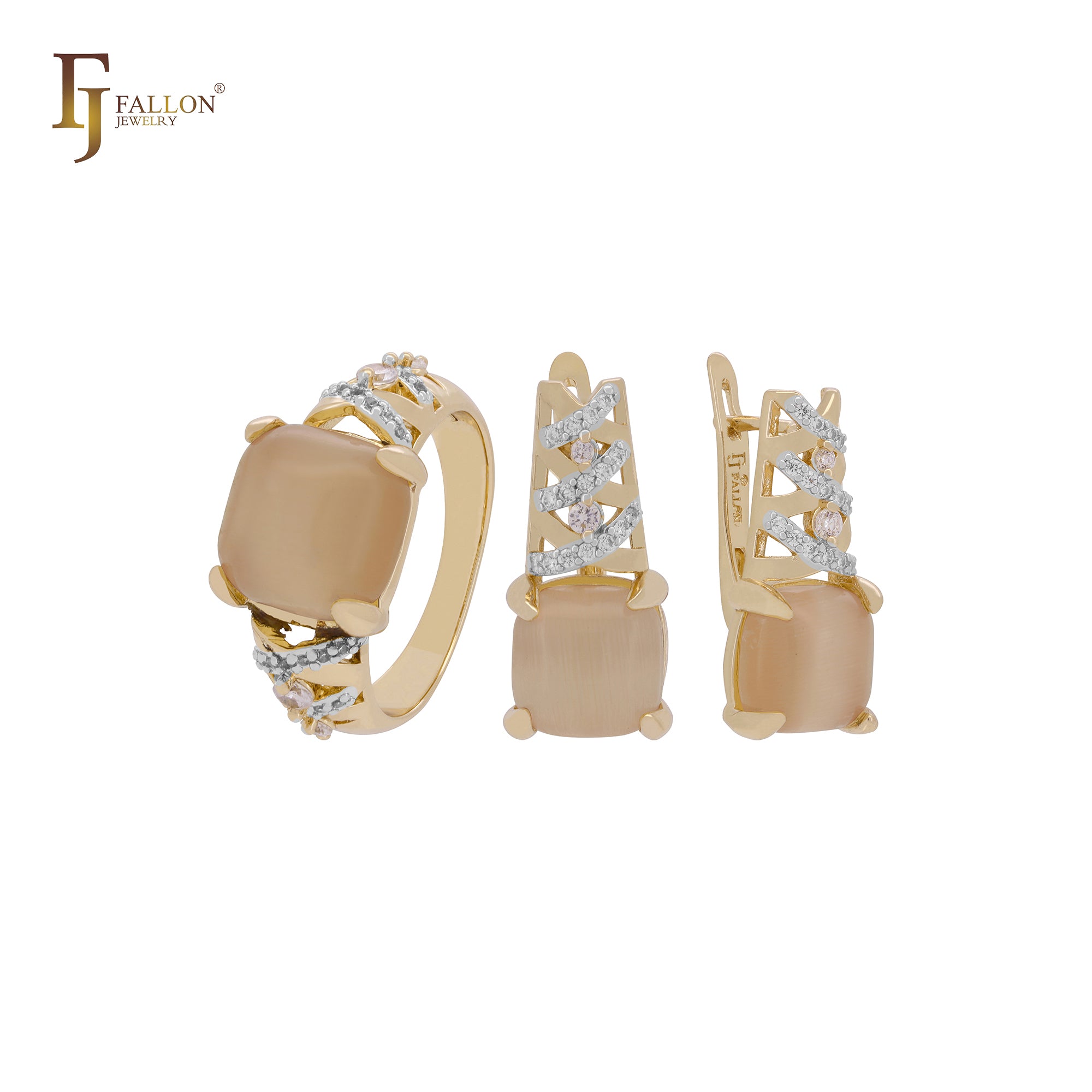 Solitär großer quadratischer Cabochon CZ Roségold, 14 Karat Gold zweifarbiges Schmuckset mit Ringen