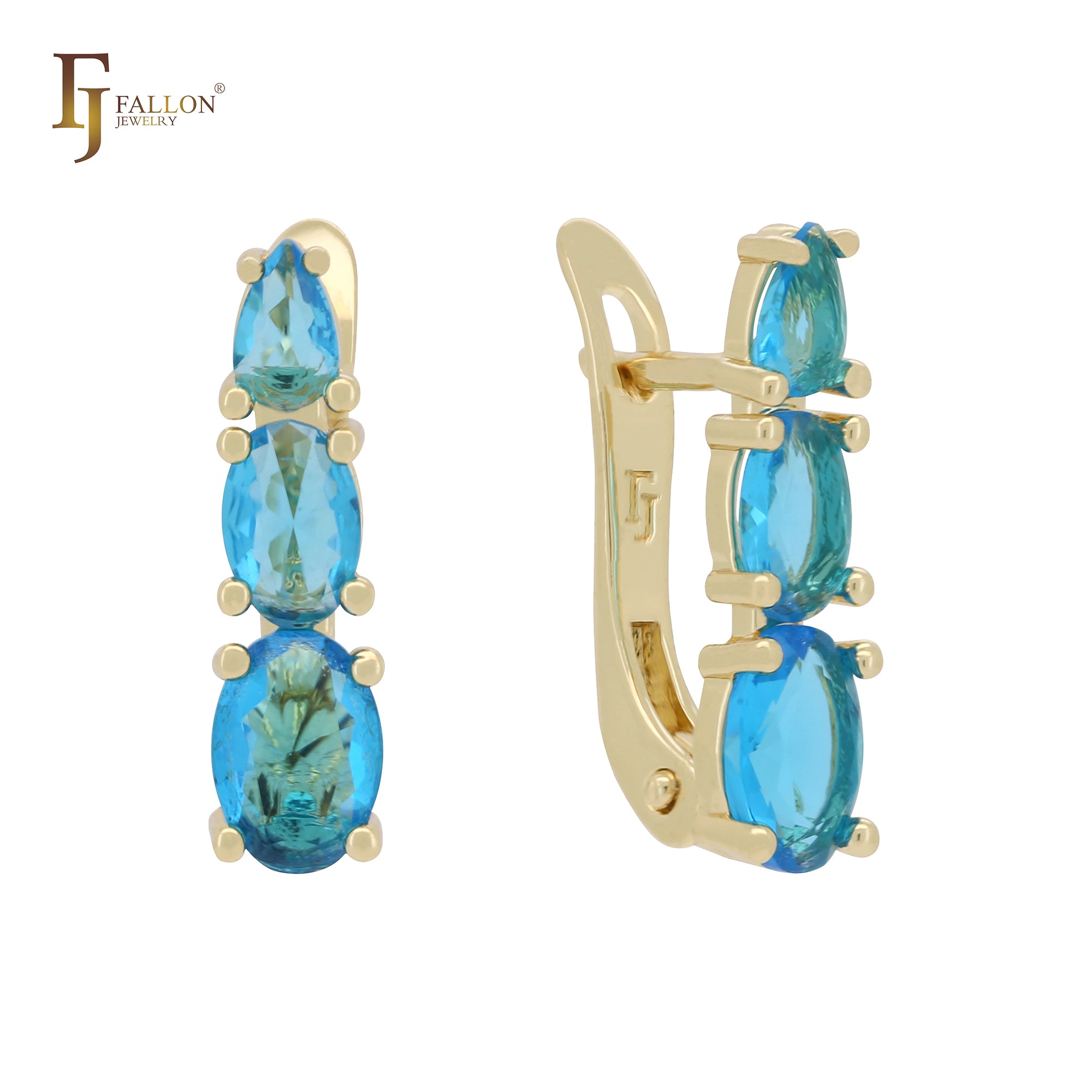 Parallel triple ocean blue CZs 14K Gold Russian Lock Earrings