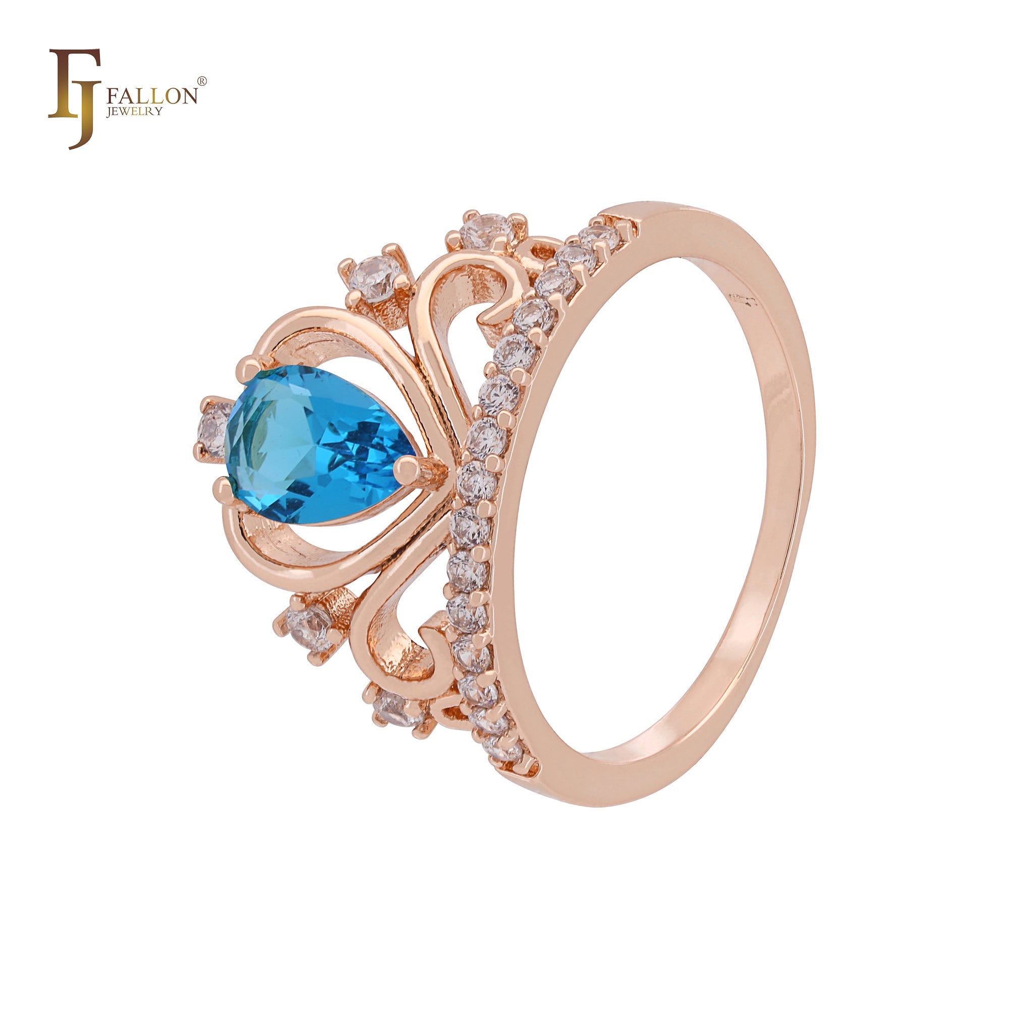 Anéis solitários em formato de pera com zircônia cúbica colorida em ouro 14K, ouro 18K, ouro rosa e coroa de zircônia cúbica branca