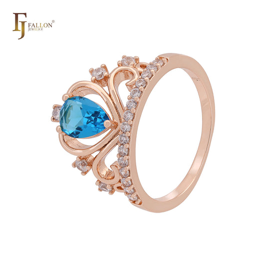 Birnenförmiger Solitär, bunte Zirkonia, 14 Karat Gold, 18 Karat Gold, Roségold, Cluster, weiße Zirkonia, Kronenringe