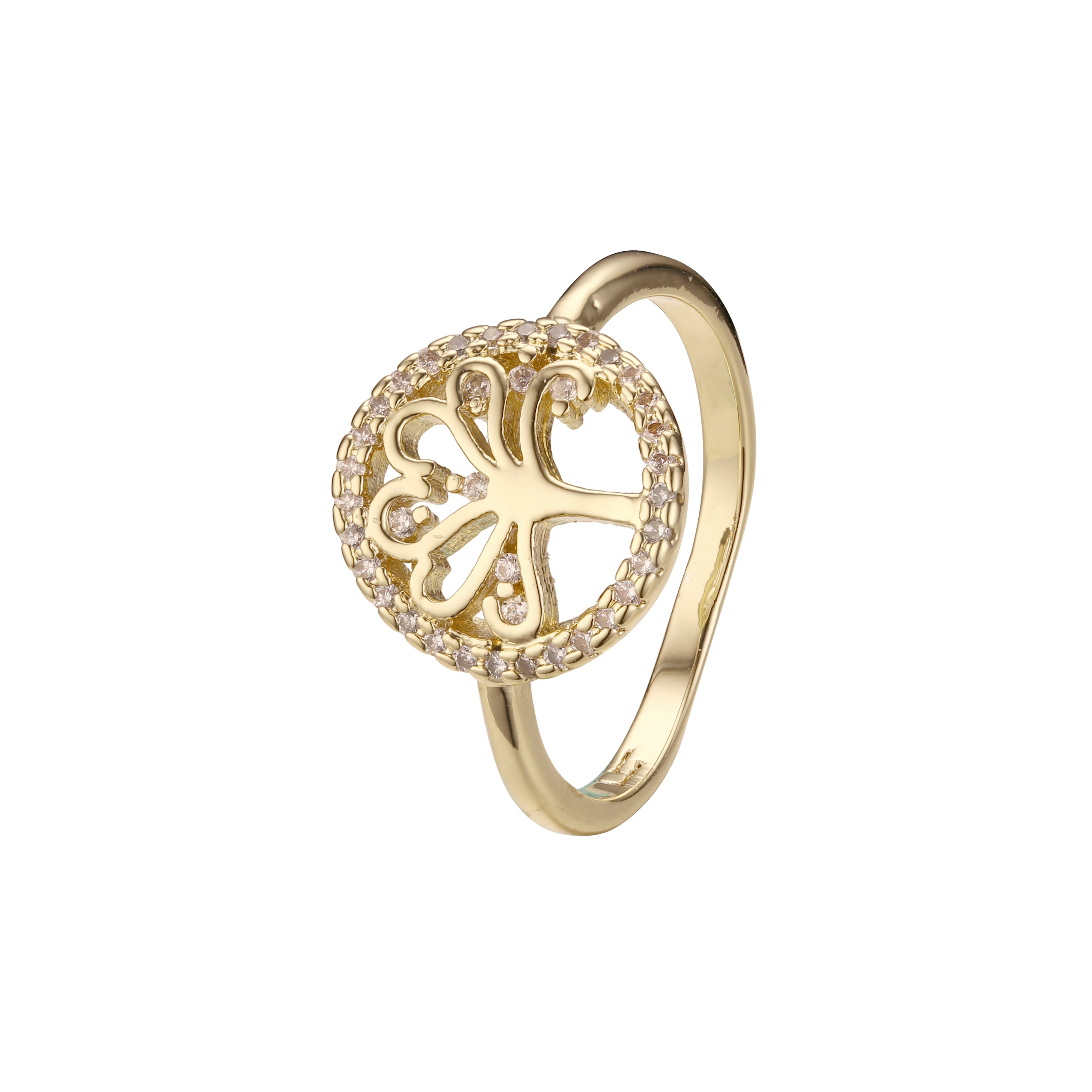 Árvore da vida com zircônias cúbicas brancas pavimentadas em ouro 14K e anéis em ouro rosa