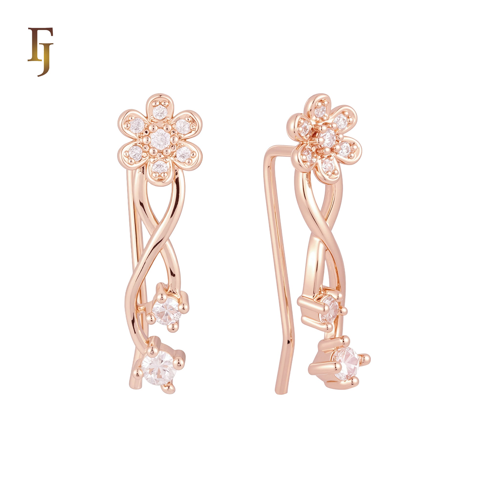 Flower of white CZs Rose Gold Crawler Earrings Ear Climber