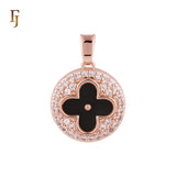 Lucky Disc Cluster white CZs Clover of Black or white Onyx 14K Gold, Rose Gold Pendant