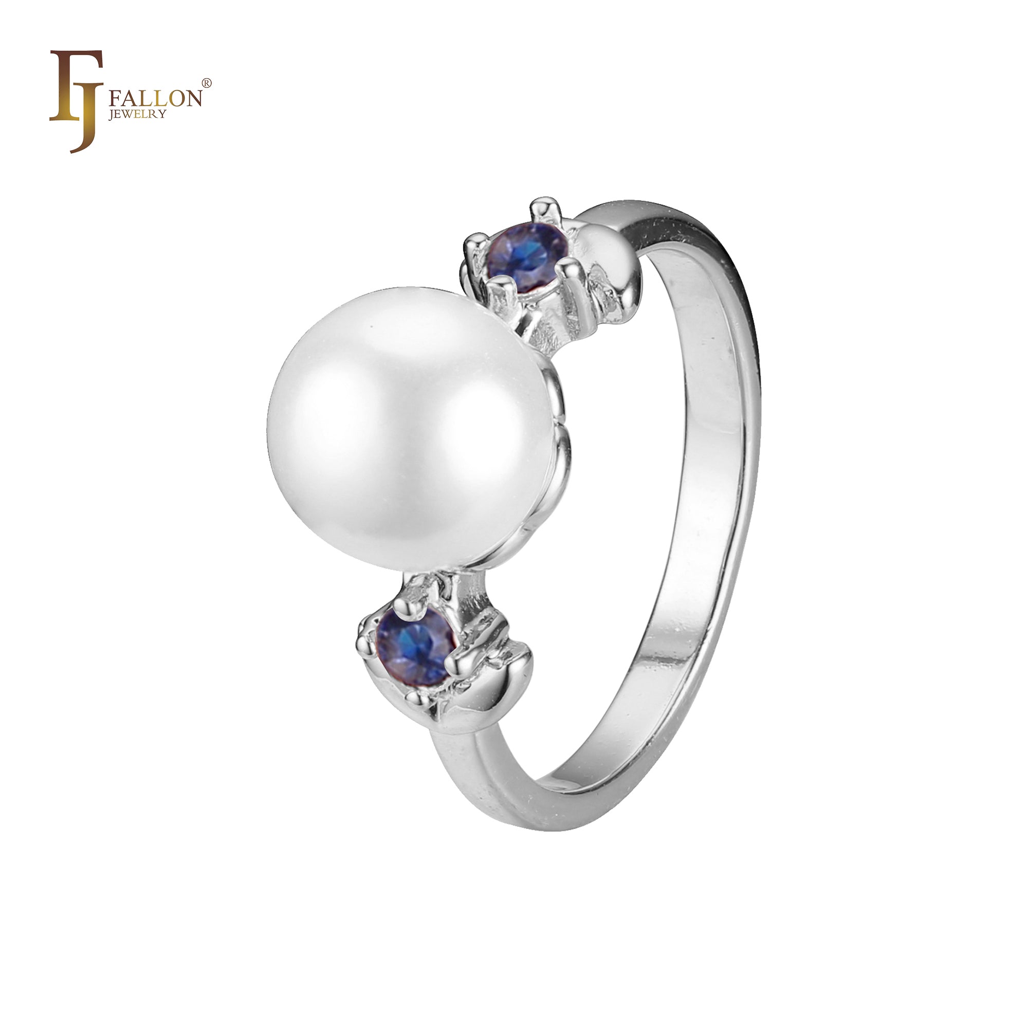 Solitaire pearl sided with 2 stones rings in 14K Gold, Rose Gold plating colors