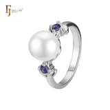 Solitaire pearl sided with 2 stones rings in 14K Gold, Rose Gold plating colors