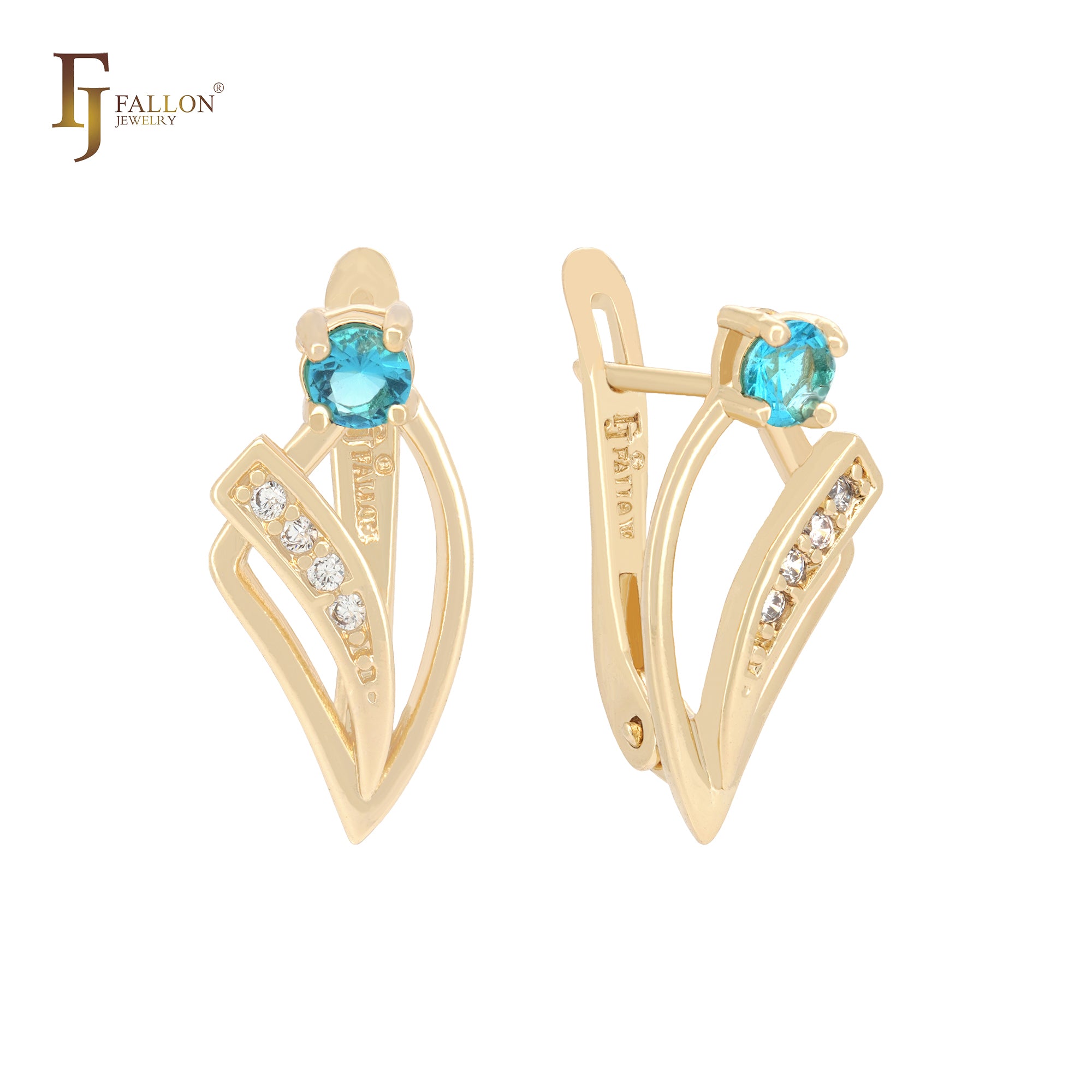 Teeth shaped Colorful CZs mixed geometric 14K Gold Russian Lock Earrings