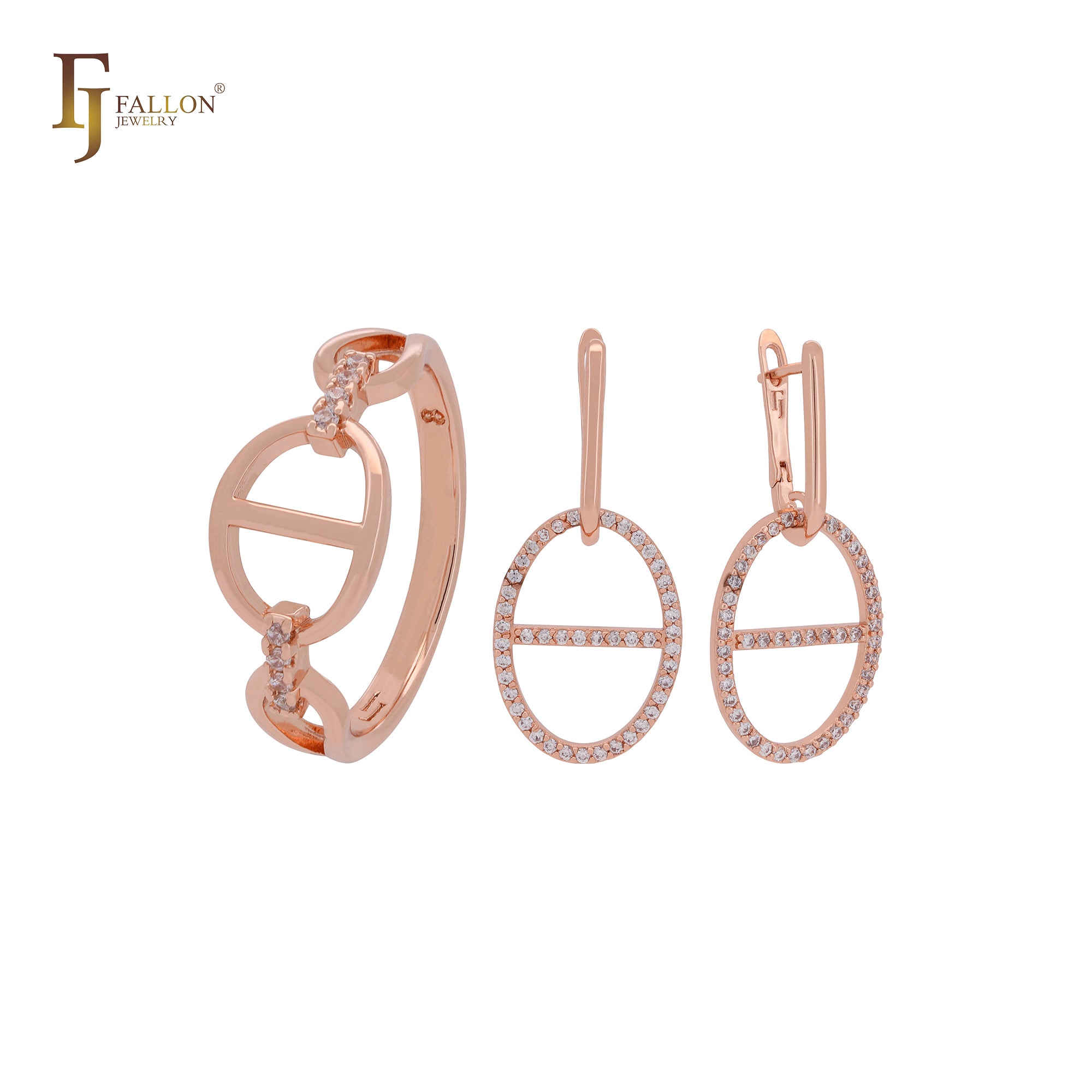 Mariner-Form-Glied mit weißen Zirkonia-Steinen Roségold-Schmuckset mit Ringen