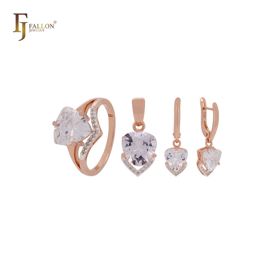 Conjunto de joyas de oro rosa de dos tonos con circonitas blancas triangulares y flecha de circonitas blancas, anillos y colgante.