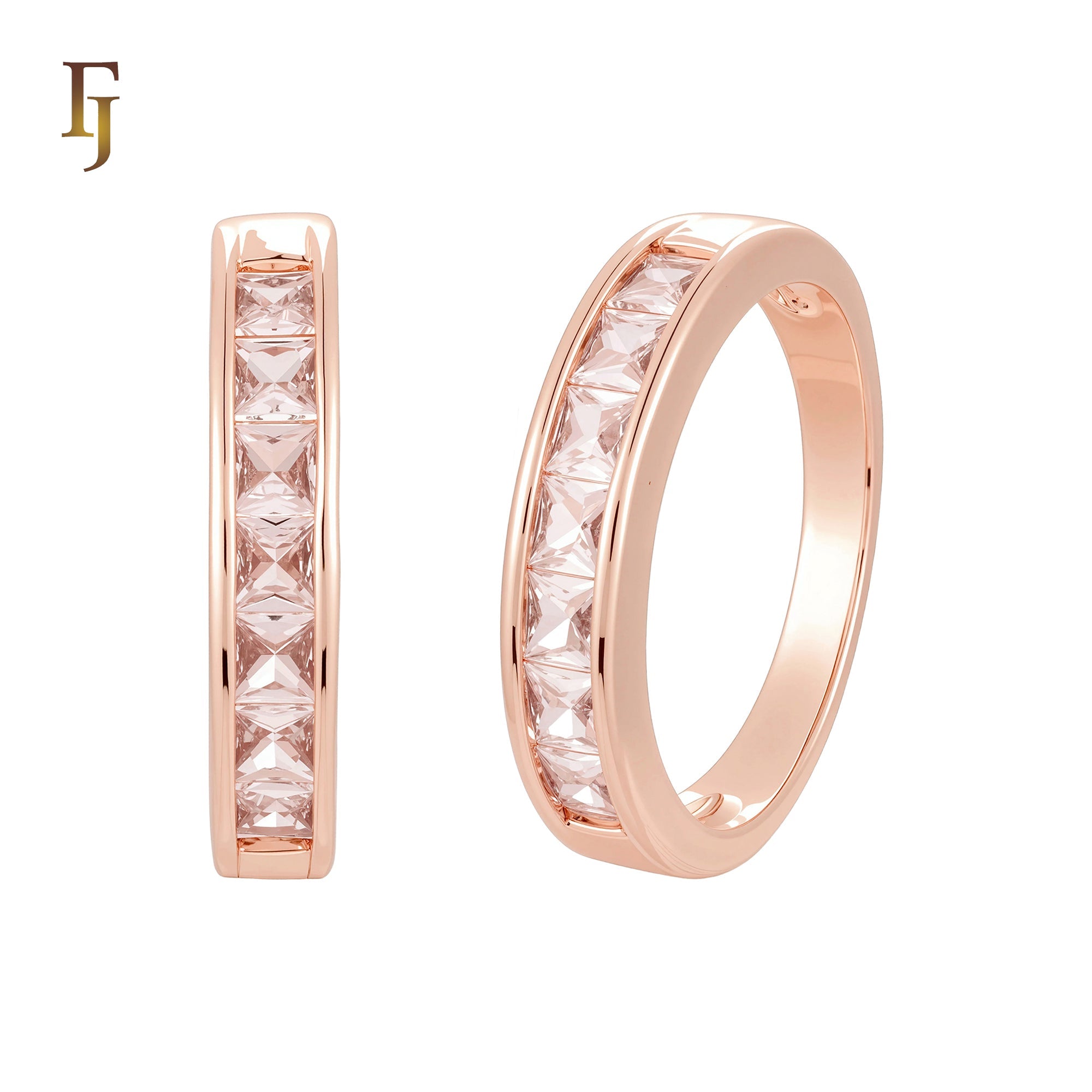 Squared Cluster Baguette White CZs 14K Gold, Rose Gold Wedding Set Rings