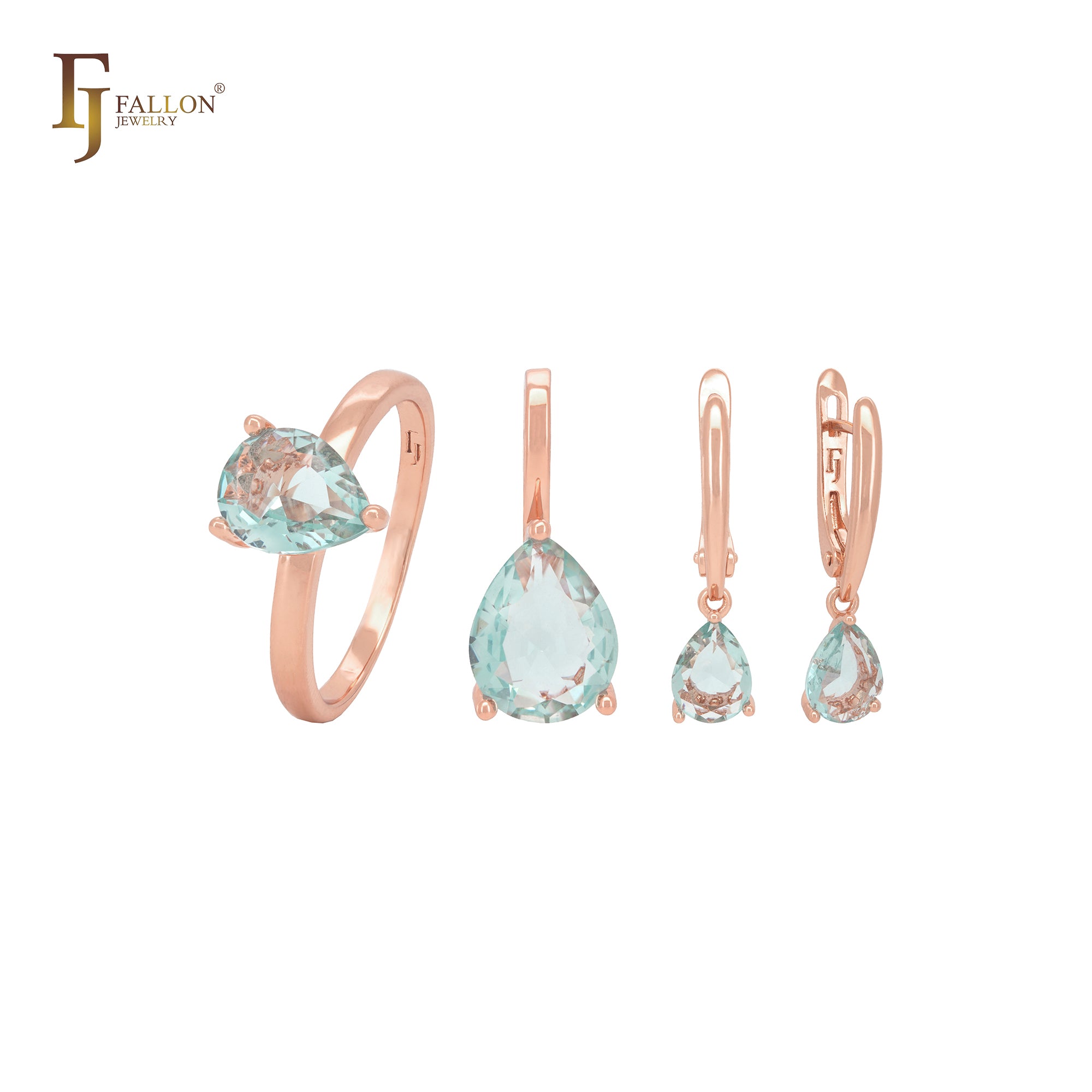 Conjunto de joias com zircônia cúbica em ouro rosa e verde-maçã com anéis
