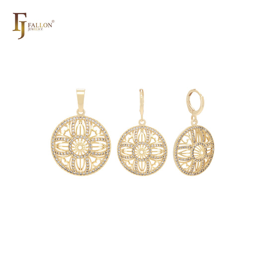 Conjunto de joias em ouro 14K com pingente e círculo arredondado de filigrana e zircônias cúbicas brancas