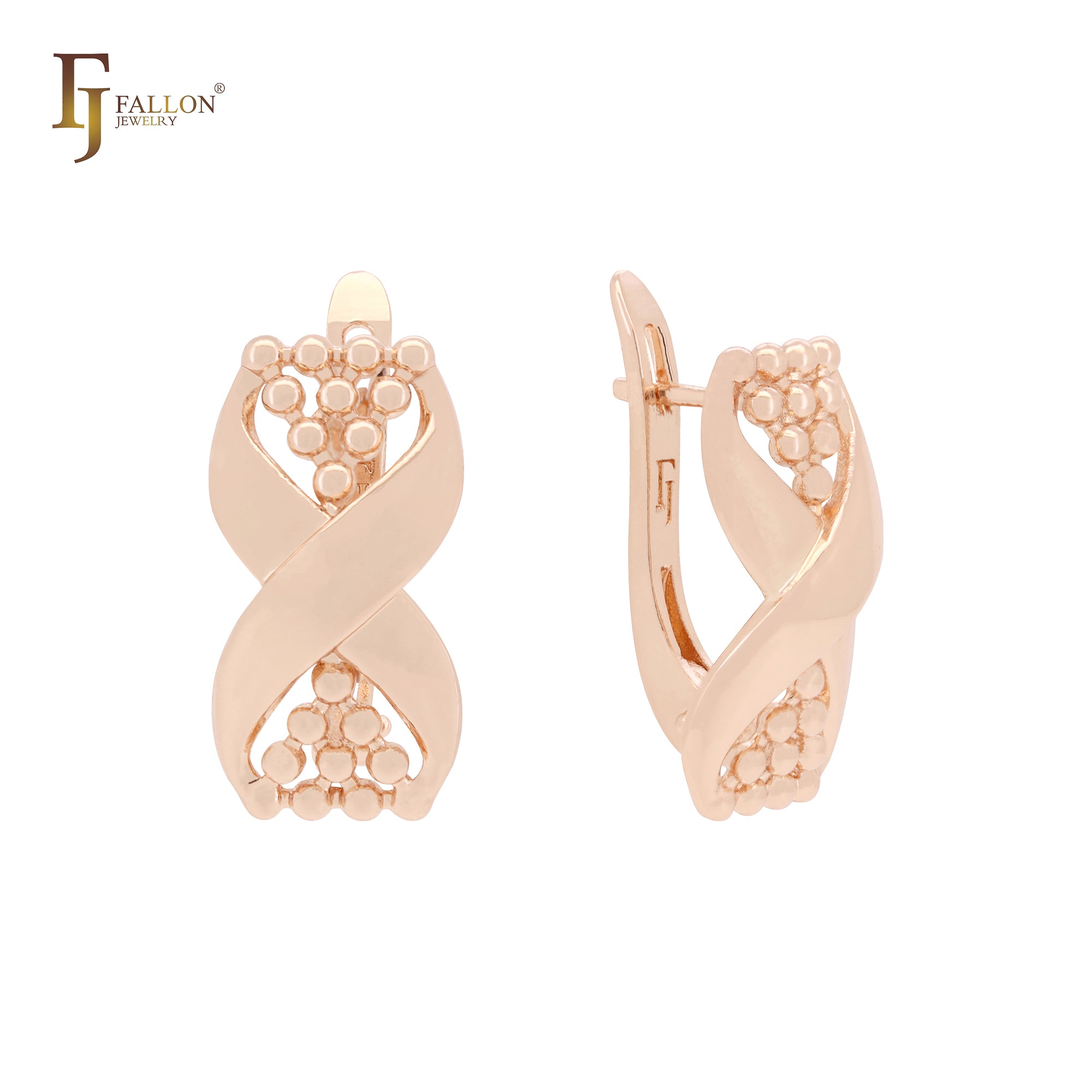 Up and down beads geometric ribbon Rose Gold Russian Lock Earrings