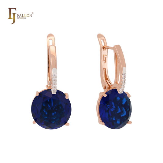 Big rounded colorful CZ with white CZs Rose Gold two tone Russian Lock Earrings