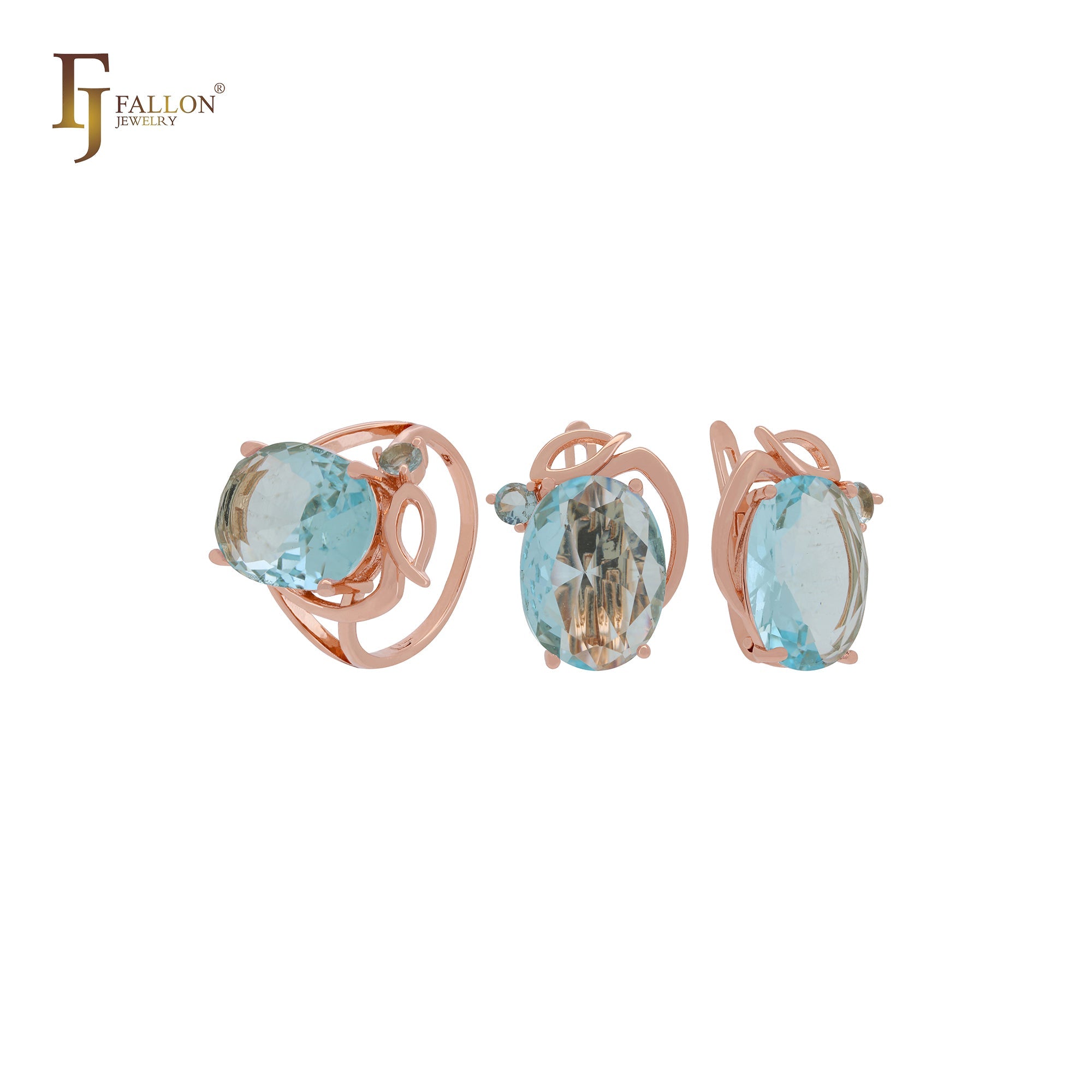 Riesiger ovaler großer Solitär mit weißen, orangefarbenen oder seeblauen Zirkonia. Luxuriöses Schmuckset aus Roségold mit Ringen