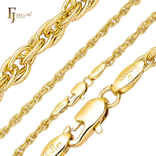 Rope link hammered chains plated in 14K Gold, Rose Gold