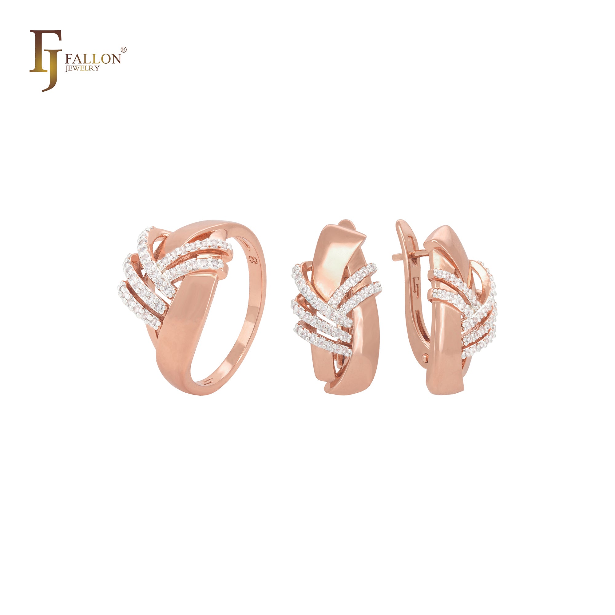 Luxuriöses Schmuckset aus Roségold mit mehreren ineinandergreifenden Bändern und Ringen