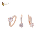 Elegante conjunto de joyas de dos tonos con circonitas cúbicas CZ redondas blancas o moradas y rosas, con anillos
