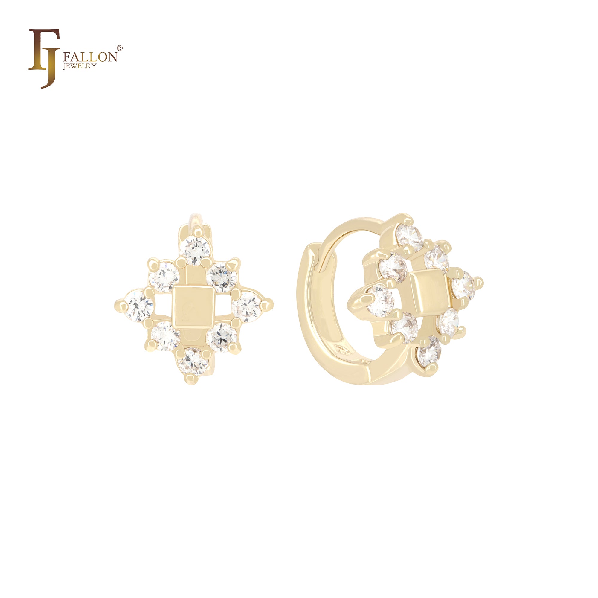 Rhombus of white CZs 14K Gold Huggie Earrings Huggies