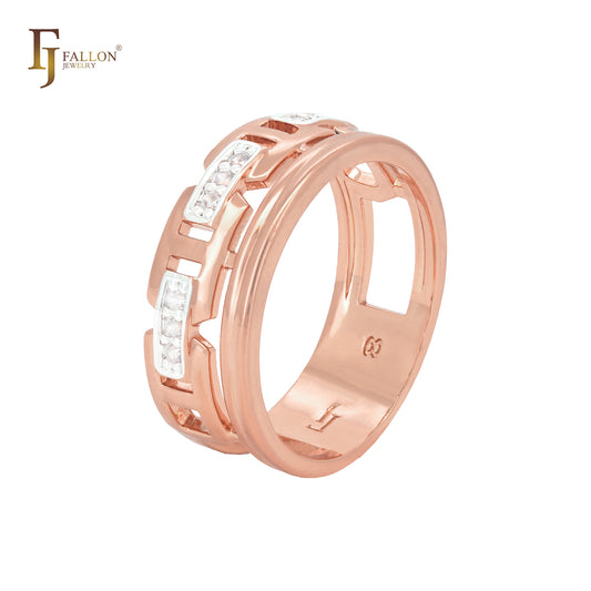 Design de trilho de corrente em ouro rosa com dois tons de anéis da moda