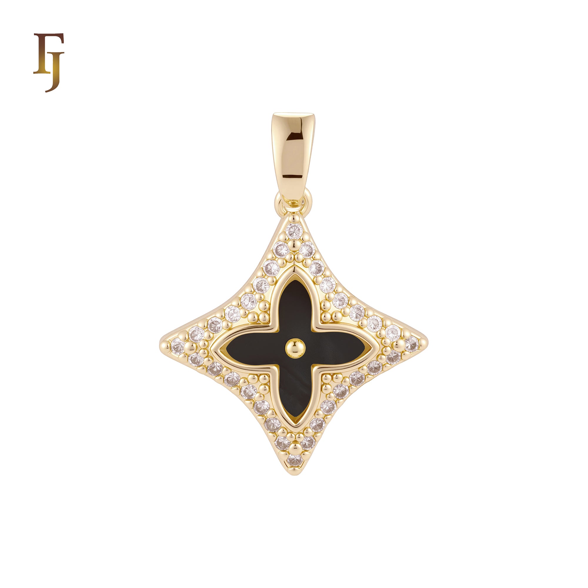 Lucky star Halo white CZs Clover of Black or white Onyx 14K Gold, Rose Gold Pendant