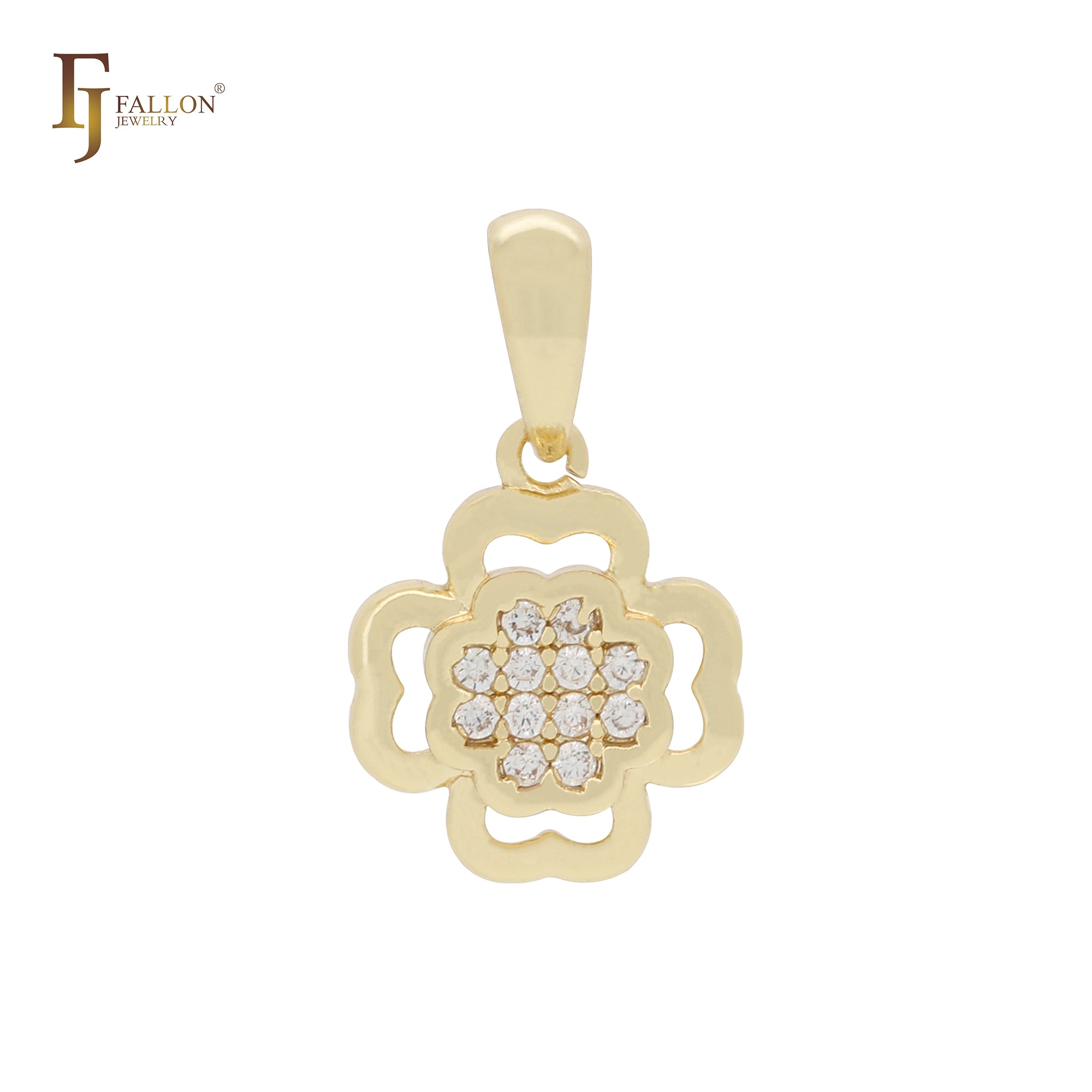 Kleiner kleiner Kleeblatt-Anhänger aus 14 Karat Gold mit weißen Zirkonia-Clustern