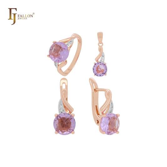 Conjunto completo de joyas de oro rosa con circonita cúbica roja y morada, gran solitario, con anillos y colgante