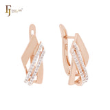 Geometric double layers of white CZs Rose Gold two tone Russian Lock Earrings