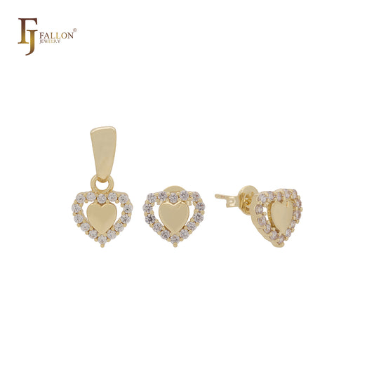 Conjunto de joias de ouro 14K com pingente e zircônias cúbicas brancas de halo duplo em forma de coração