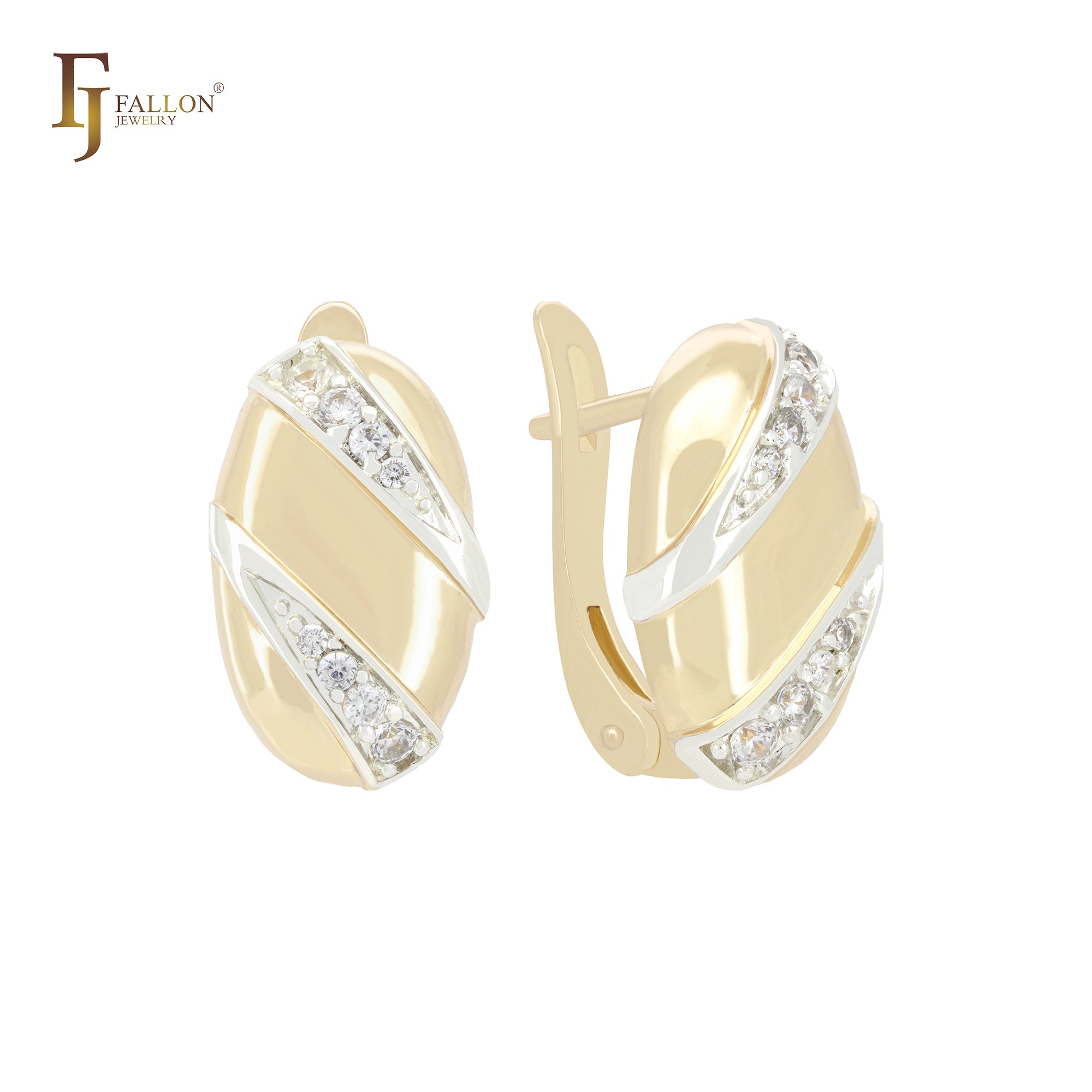 Geometric Oval beads of double white CZs slashes 14K Gold, Rose Gold two tone Clip-On Earrings