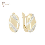 Geometric Oval beads of double white CZs slashes 14K Gold, Rose Gold two tone Clip-On Earrings