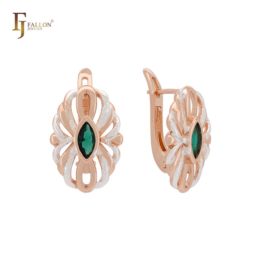 Great Oval wire flower of solitaire Emerald Green Marquise CZ Rose Gold two tone Clip-On Earrings