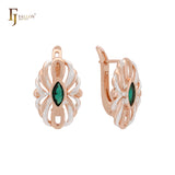 Great Oval wire flower of solitaire Emerald Green Marquise CZ Rose Gold two tone Clip-On Earrings