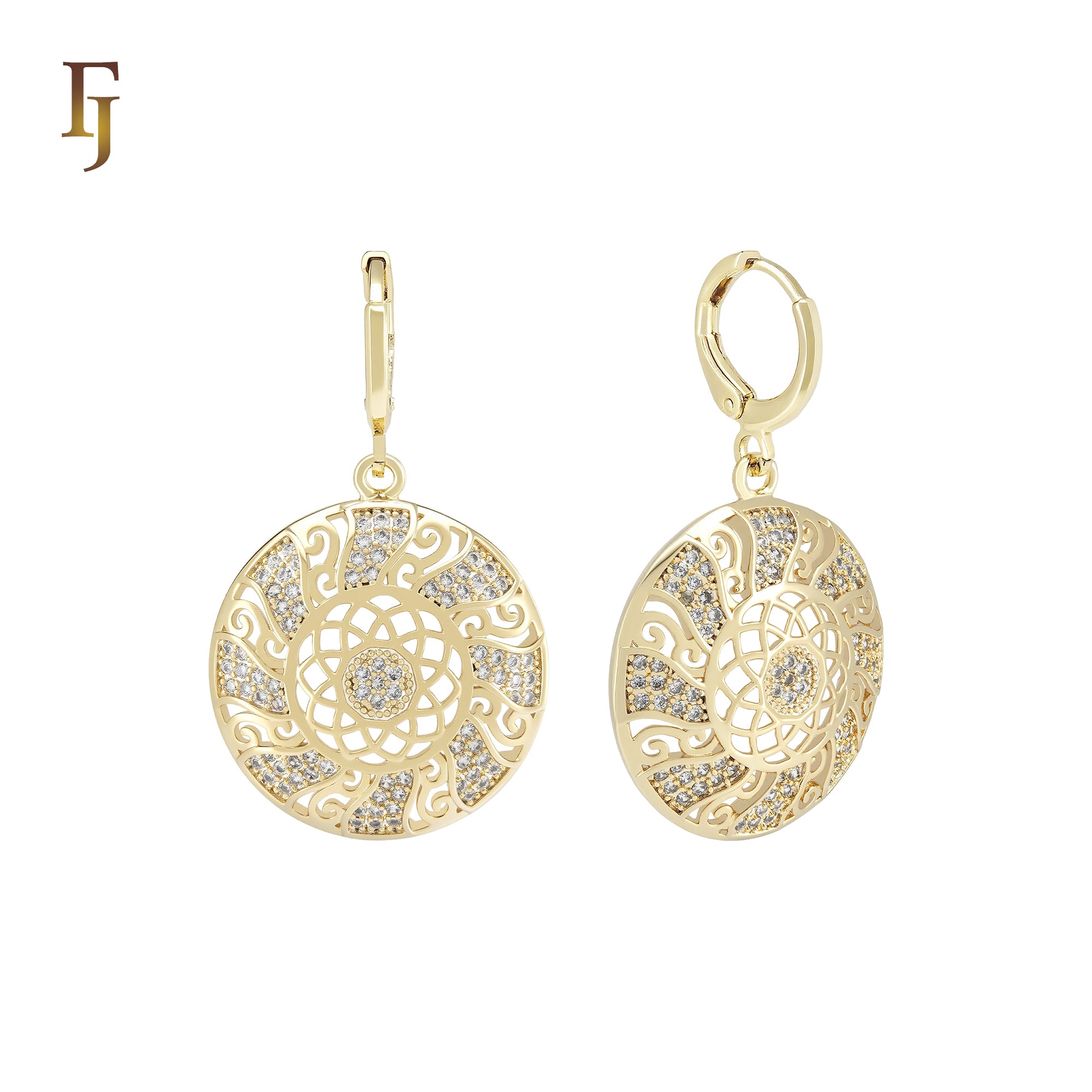 Spinning Rounded filigree disc of white CZs 14K Gold Huggie drop Earrings