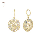 Spinning Rounded filigree disc of white CZs 14K Gold Huggie drop Earrings