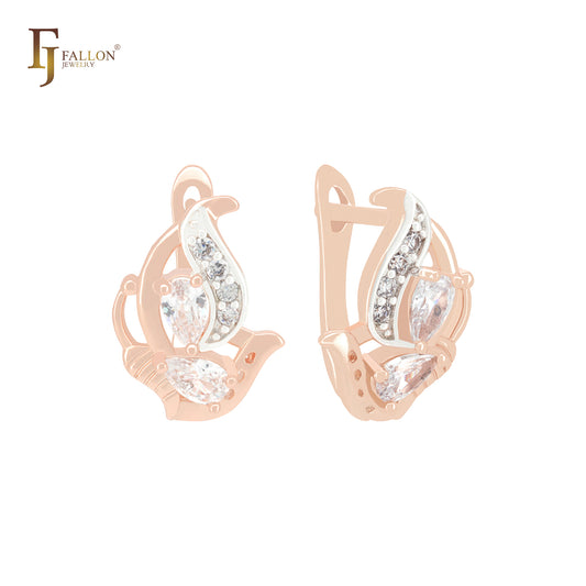Luxurious Flower of cluster white CZs Rose Gold two tone Clip-On Earrings