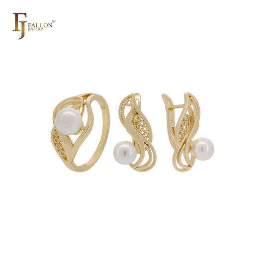Dancing filigree of pearl Rose Gold Jewelry Set with Rings
