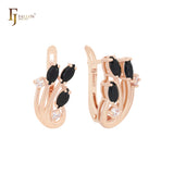 Triple Marquise Deep Blue CZs flower Rose Gold Russian Lock Earrings
