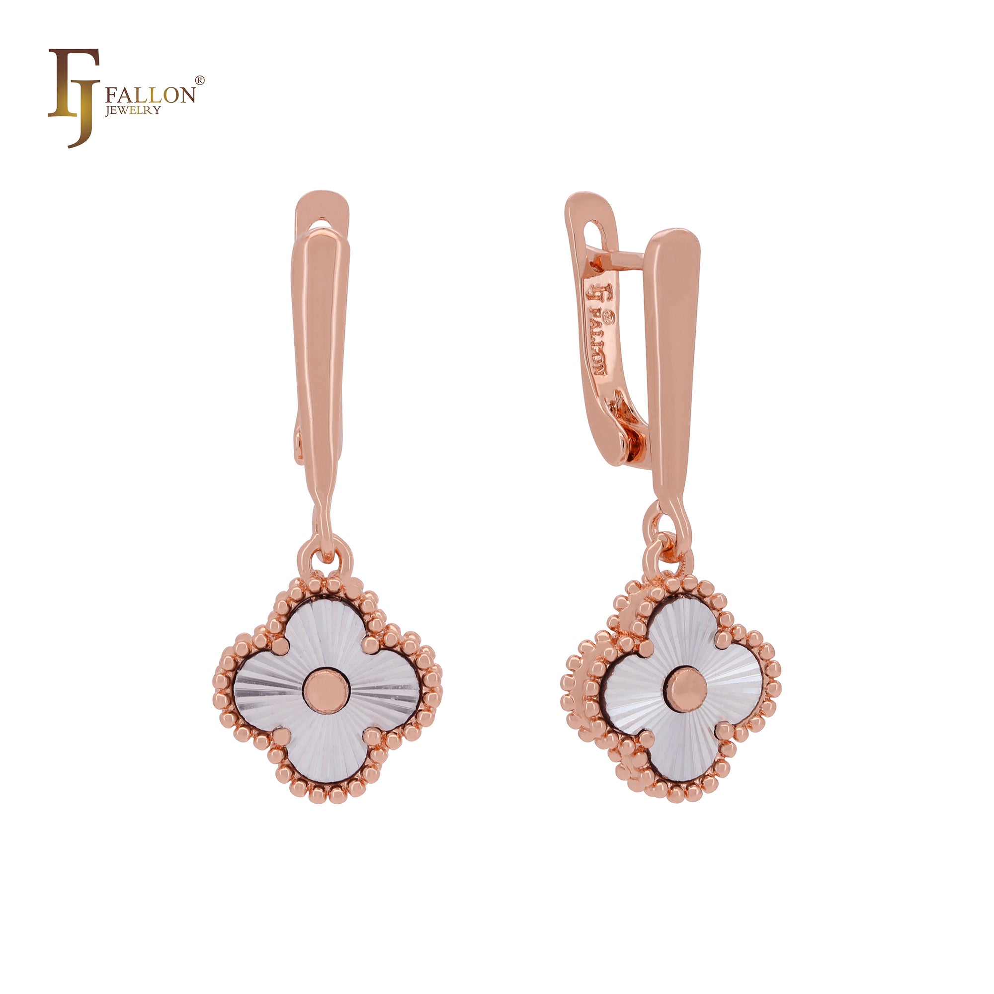 Dangling clover shiny Rose Gold two tone Russian Lock Earrings