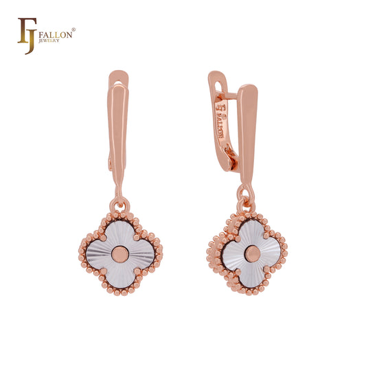 Dangling clover shiny Rose Gold two tone Russian Lock Earrings