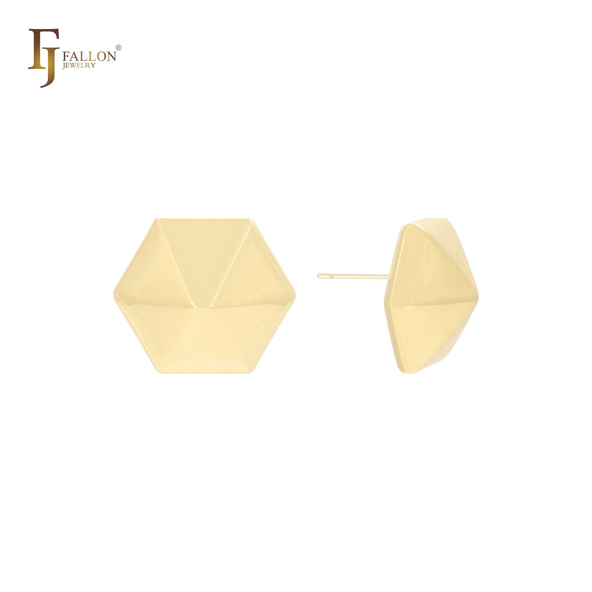 Brincos de pino em formato de broca geométrica hexadrais em ouro 14K, ouro rosa e ouro branco