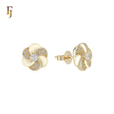 SPinning flower of half white Czs 14K Gold Stud Earrings