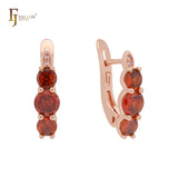 Compact Triple rounded  Scarlet Red CZs Rose Gold 14K Gold, Rose Gold Russian Lock Earrings