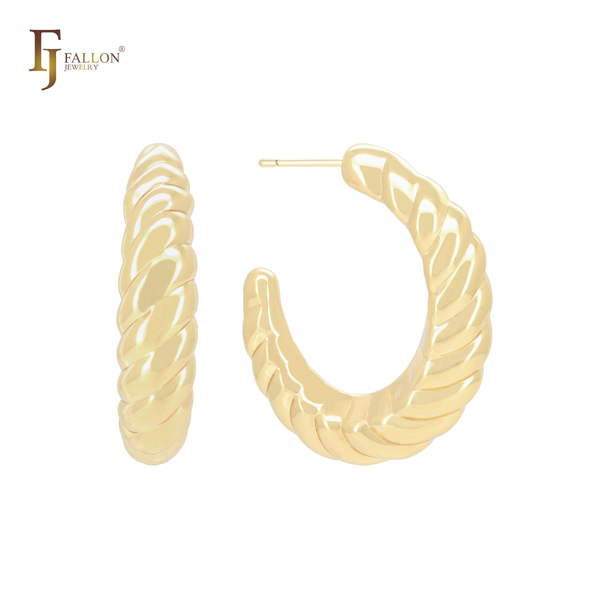 Brincos de argola em formato de C com corda torcida em ouro 14K, ouro rosa e ouro branco