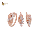 Lujoso conjunto de joyas de oro rosa con circonitas cúbicas en racimo de marquesa, color amarillo oliva o blanco, y anillos.