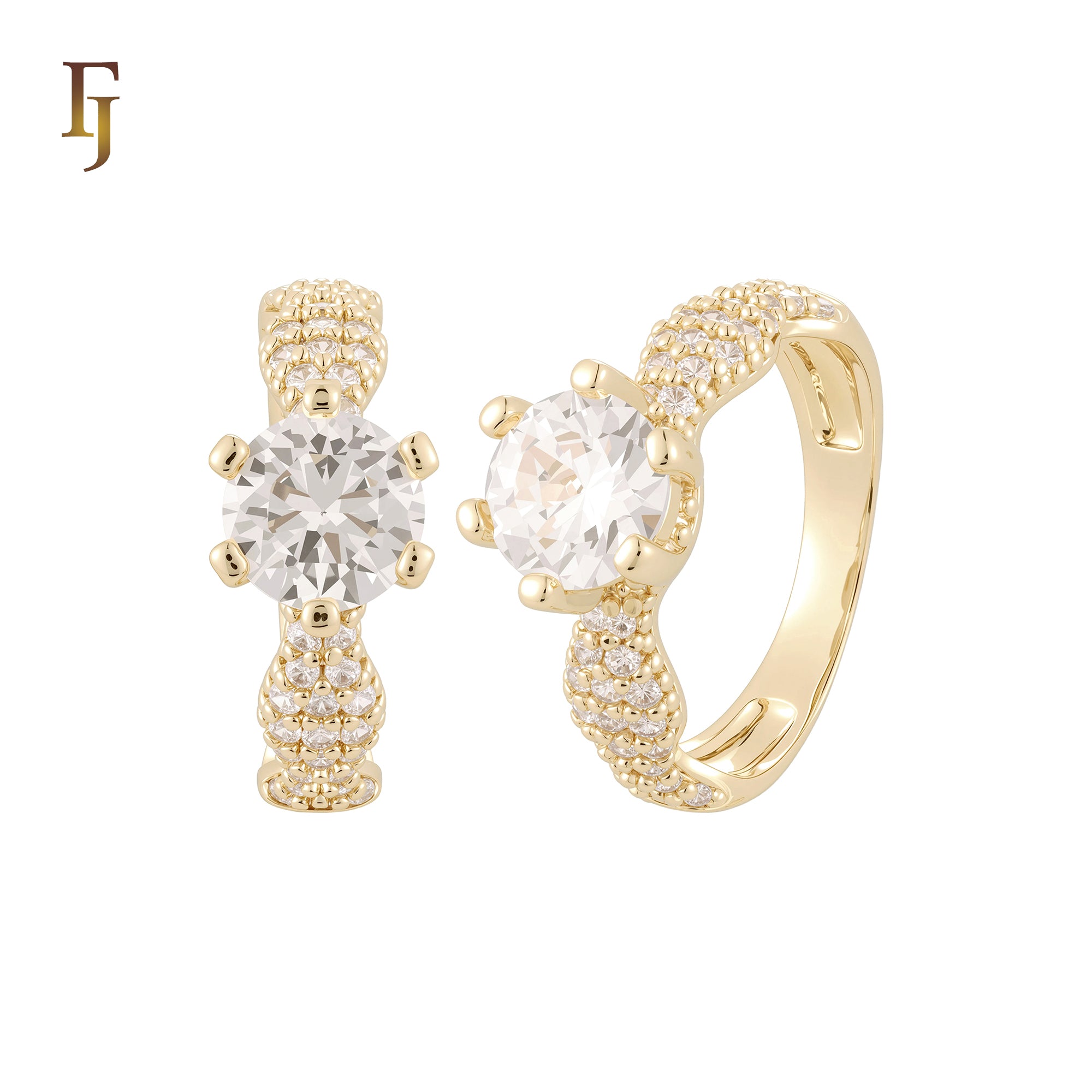 Wavy luxurious White CZs 14K Gold, Rose Gold Wedding Set Rings Engagement and Band