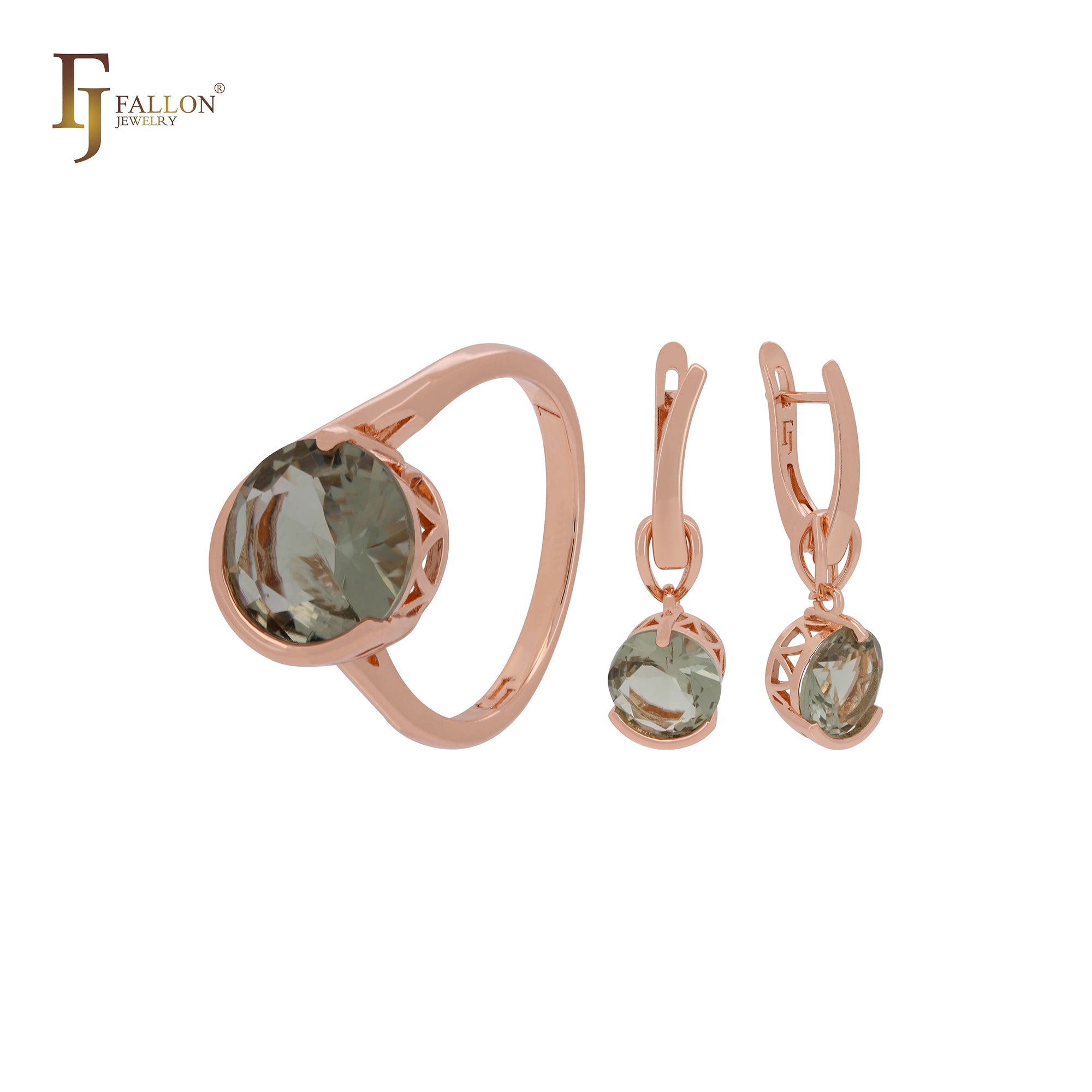 Solitär-Schmuckset aus Roségold mit abgerundeten apfelgrünen Zirkoniasteinen und Ringen