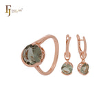 Solitär-Schmuckset aus Roségold mit abgerundeten apfelgrünen Zirkoniasteinen und Ringen