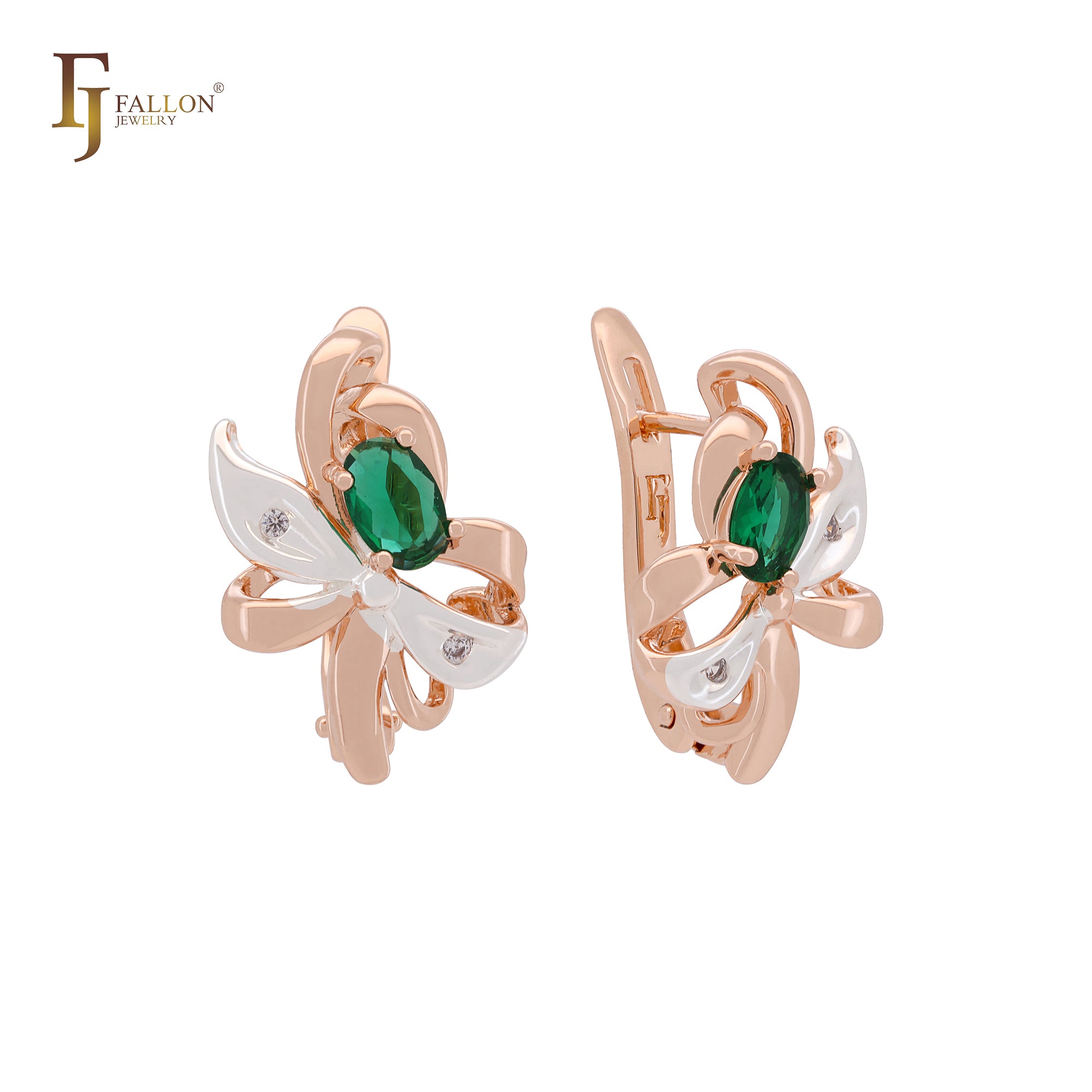Ribbon of flower and leaves luxurious Emerald Green Rose Gold two tone Clip-On Earrings